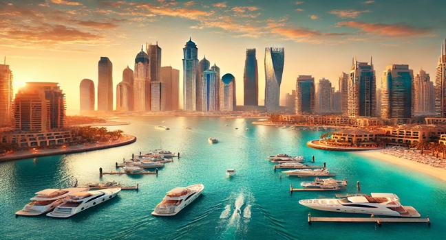 A stunning coastal view of Dubai, ideal for boat rental experiences with scenic skyline views