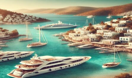 A scenic coastal view in Bodrum, Turkey, with clear waters and lush hills, ideal for yacht charters