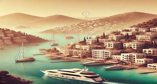 A scenic coastal view in Bodrum, Turkey, with clear waters and lush hills, perfect for yacht charters