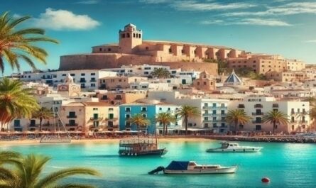 Eine Aufnahme von Dalt Vila, der historischen Altstadt von Ibiza-Stadt. Die Festungsmauern und Gebäude sind auf einem Hügel über dem Hafen zu sehen