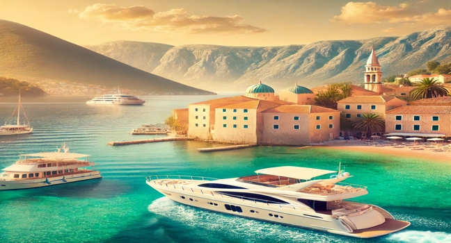 A scenic coastal view in Montenegro, ideal for renting yachts with clear waters and historic architecture