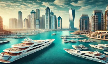 Experience luxury yacht views in Dubai Marina, featuring stunning skyline and waterfront scenery