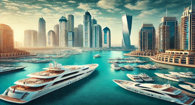 Experience luxury yacht views in Dubai Marina, featuring stunning skyline and waterfront scenery