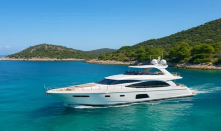 A luxury white motor yacht cruises through the turquoise waters along Croatia’s rocky Adriatic coastline under clear blue skies