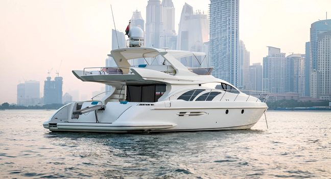 An elegant white yacht anchored at Dubai Marina against a dusky skyline