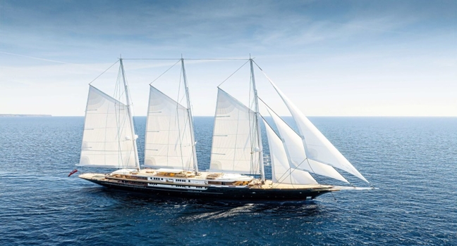 Die beeindruckende Megayacht „Koru“ von Jeff Bezos gleitet unter vollen weißen Segeln über das offene Meer. Das elegante Design mit drei Masten und schlankem schwarzen Rumpf vereint moderne Technik mit klassischer Ästhetik