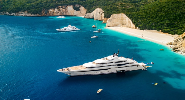 A massive white mega yacht anchored near dramatic white cliffs and a sandy beach Yacht Charter Spain