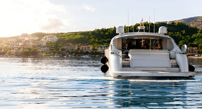 White motor yacht departs a scenic coastal town surrounded by greenery yacht charter capri