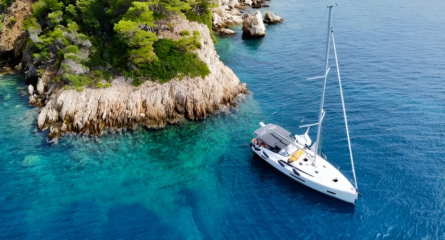A white sailing yacht anchored close to a small rocky island with turquoise water