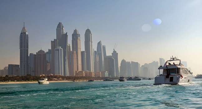 A modern yacht speeding through turquoise waters toward Dubai Marina’s skyline