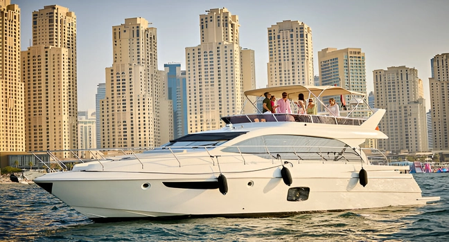 A group of friends enjoying a yacht cruise with the JBR skyline in the background