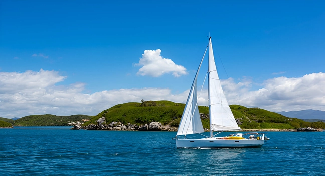 A white sailing boat gliding past a small green island in clear blue sea