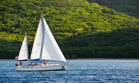 A white sailing yacht with raised sails passing a lush green island coast