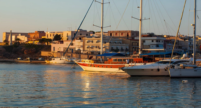 A wooden gulet and modern yachts docked in a quiet marina during golden sunset