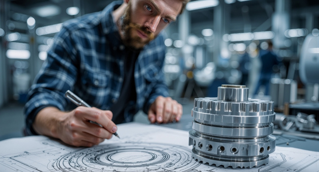 Technischer Arbeitsplatz mit Zeichnung und metallischem Bauteil in einer Werkstatt.