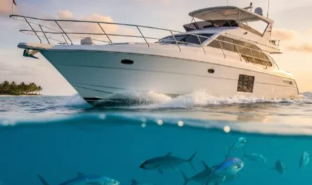 Fische schwimmen unter einer fahrenden Yacht im klaren Meerwasser