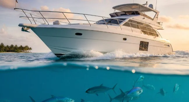 Fische schwimmen unter einer fahrenden Yacht im klaren Meerwasser