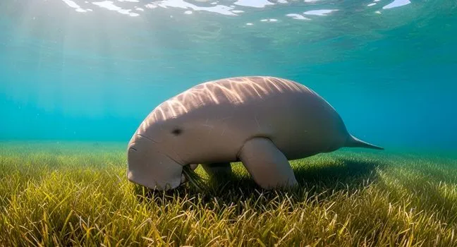 Seekuh grast auf einer Seegraswiese im Ozean – wichtiger Lebensraum und Kohlenstoffspeicher