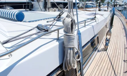 Deck einer Segelyacht mit Leinen und Reling zur Erklärung von Backbord und Steuerbord