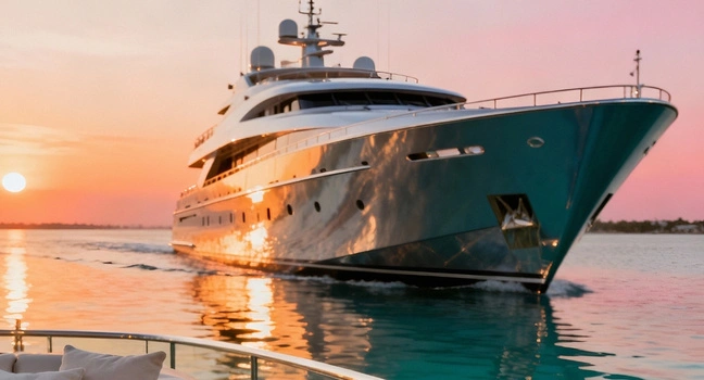 Schatteneffekt einer Yacht auf ruhigem Wasser Große Yacht wirft einen breiten Schatten auf die Wasseroberfläche bei Sonnenuntergang