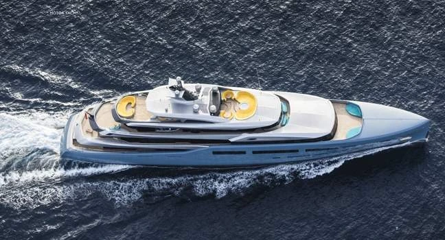 Luftaufnahme der Aviva Yacht – 98 Meter lange Luxus-Superyacht mit modernem Antrieb und hochwertiger Ausstattung.