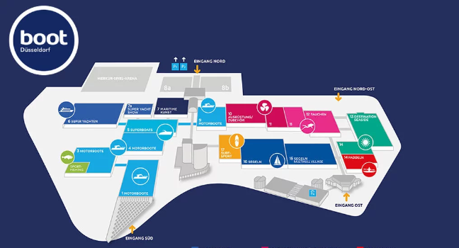 Boot Düsseldorf 2026 – Hallenplan & Superyacht-Bereich Hallenplan der Boot Düsseldorf 2026 mit Markierung der Superyacht-Halle und Messebereiche für Boote, Segeln und Tauchen.