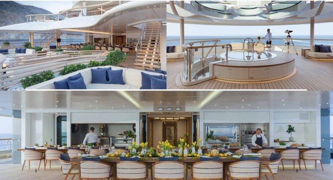 Luxuriöses Interieur und Sonnendeck der Flying Fox Yacht mit Whirlpool und Gourmetbereich