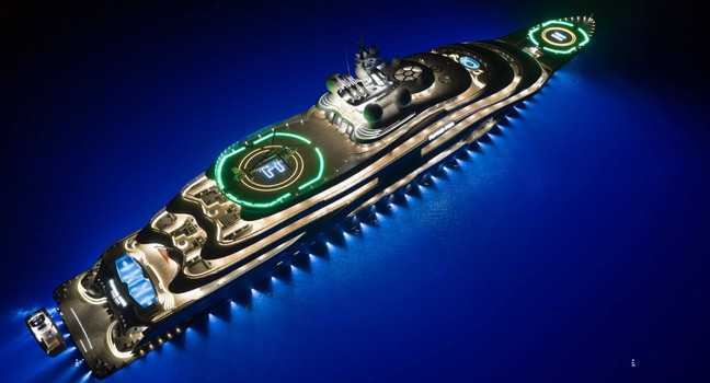 Luftaufnahme der Flying Fox Yacht bei Nacht, beleuchtete Superyacht während eines exklusiven Charter-Erlebnisses