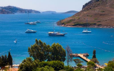 Blue sea, islands and boats on the Aegean coast of Bodrum.