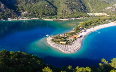Aerial view of islands and boats in Fethiye Ölüdeniz Turkey