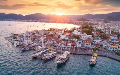 Aerial view of boats at sunset in the marina of Marmaris Turkey.