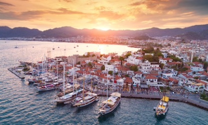 Aerial view of boats at sunset in the marina of Marmaris Turkey.