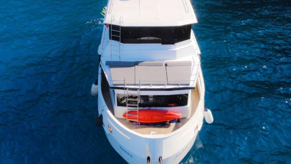 Detailed rear view of a motor yacht