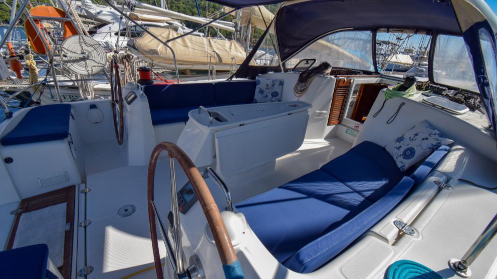 Cockpit with blue sofas on the sailing yacht Filyos