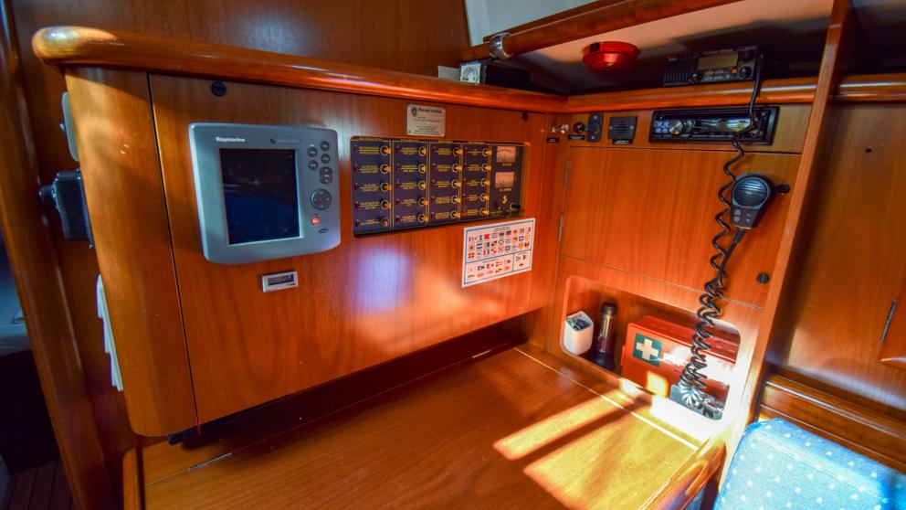 Instrument panel on the sailing yacht Viktoria II. You can see the electrical switch panel