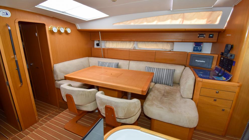 Dining and relaxation area in the cabins of the company on the sailing yacht Anja Sophie