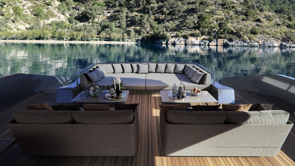 The spacious aft deck of the luxury motor yacht Illusion ll