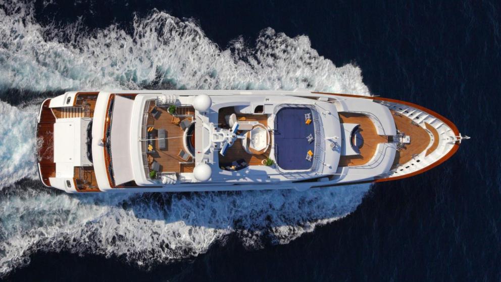 Rent this elegant motor yacht with a spacious deck for a luxurious experience.