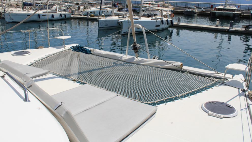 Areas at the head of the catamaran that can be used for sunbathing and entertainment.