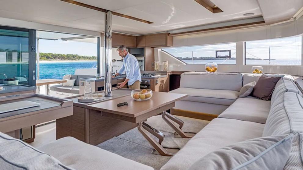 The luxurious spacious lounge of the catamaran Swice
