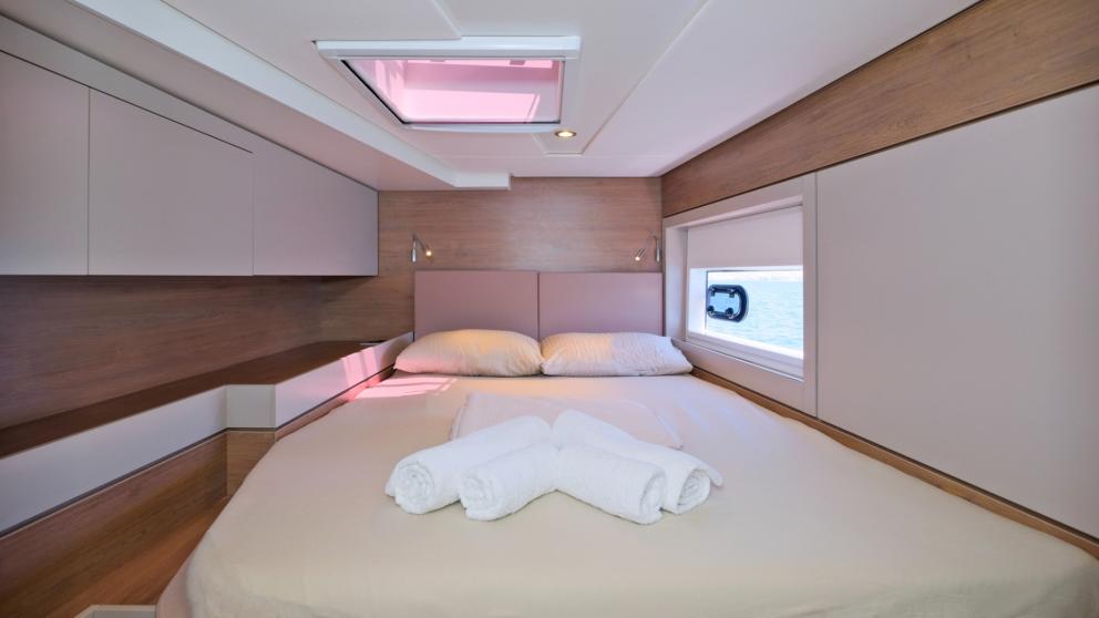 The catamaran's opulent cabin with glass roof offers a cool ambience.