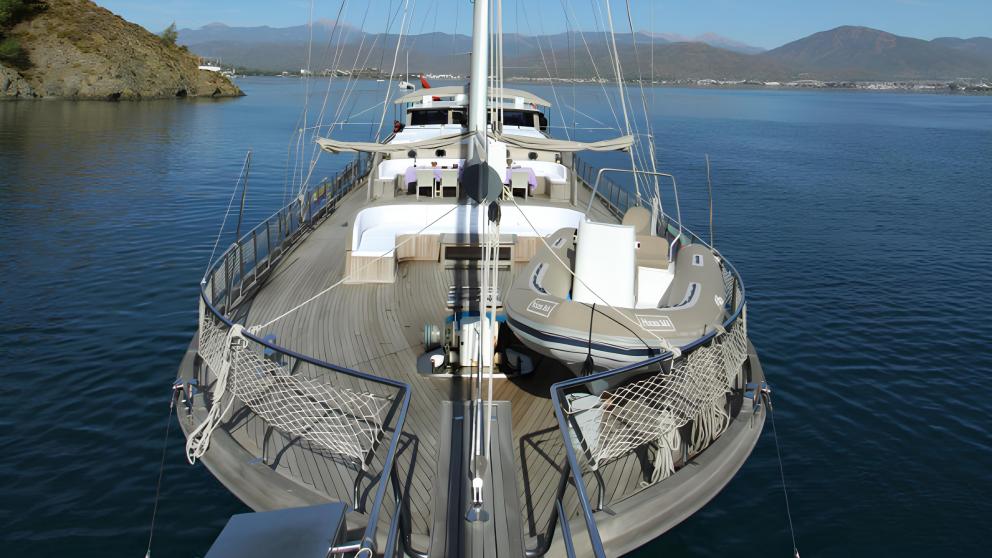 Deck of the gulet Prenses Selin with dinghy, ready to explore the Turkish coast.
