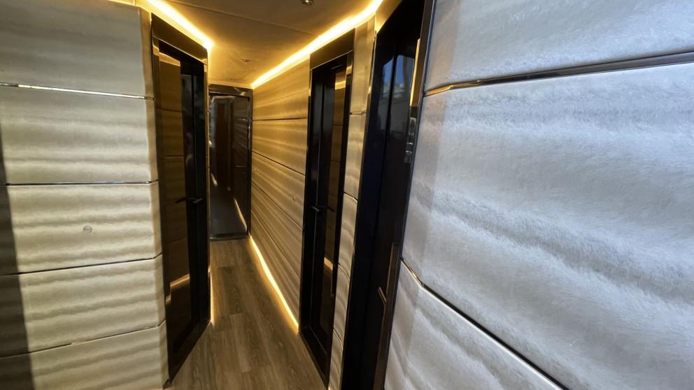 The high-ceilinged corridor of the luxury gulet Fundamental