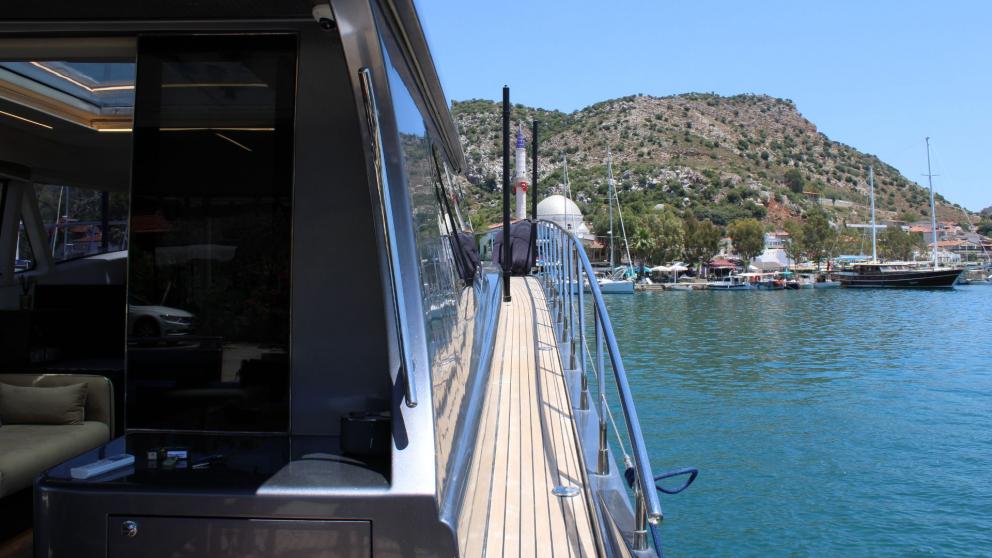 Starboard side deck of the luxury motor yacht Fundamental