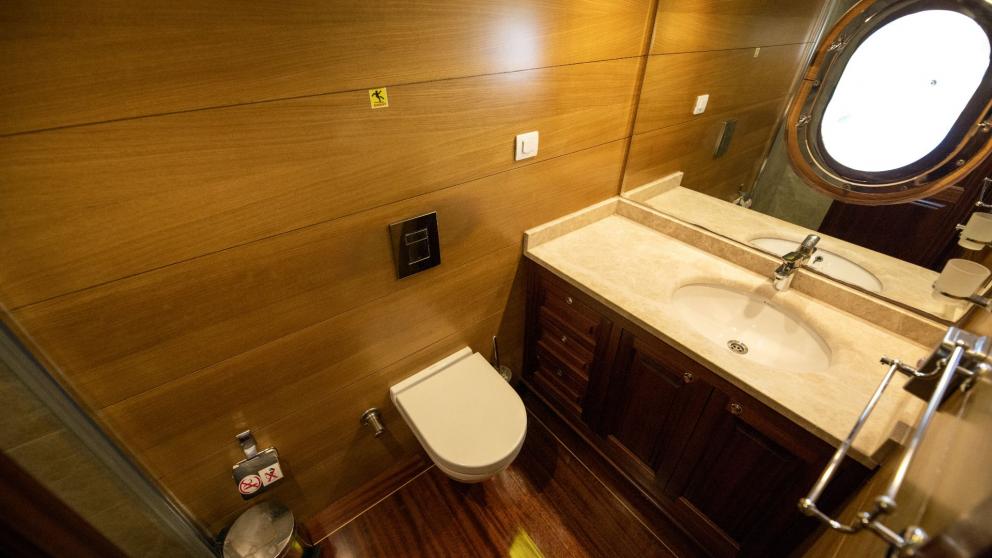 Modern and stylish bathroom of a traditional Turkish gulet with five cabins.