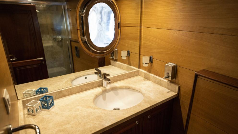 Modern and elegant bathroom of a traditional Turkish gulet with five cabins.