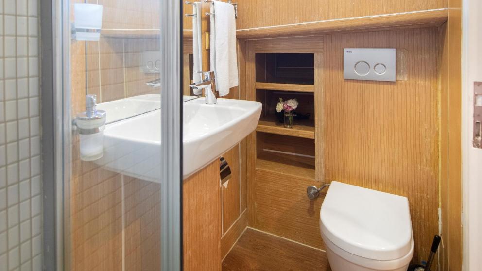 Compact, well-equipped bathroom with shower, washbasin and toilet