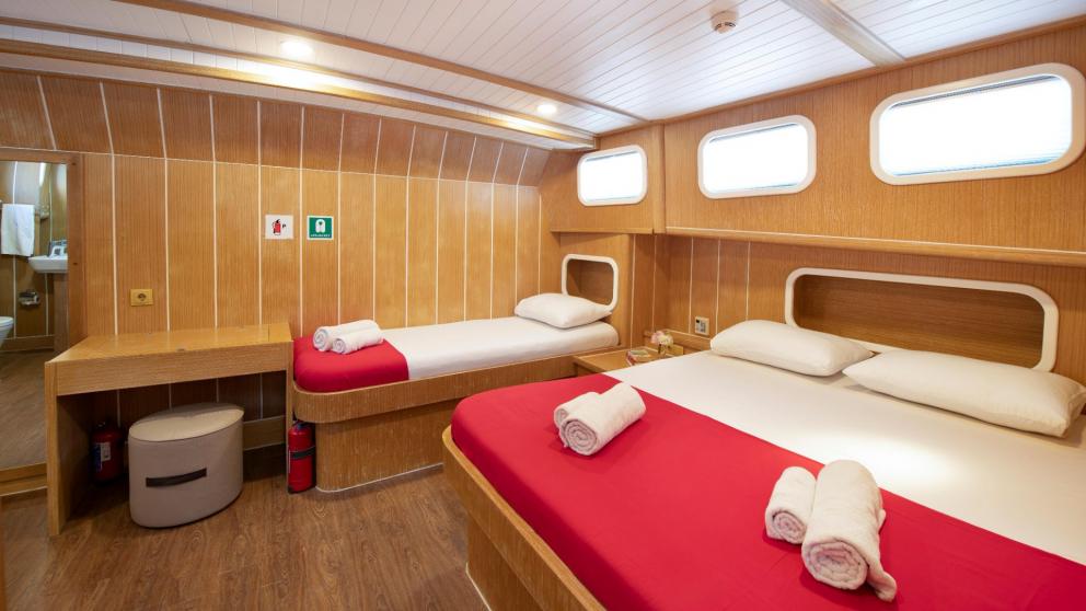 Spacious cabin with one double and one single bed, cosy wooden interior and modern amenities.