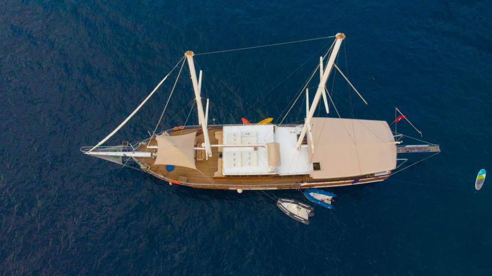 Top view of the Grand Acar Gulet in the open sea of Fethiye.
