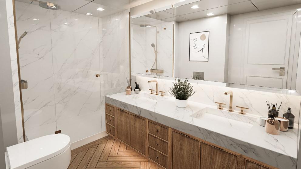 The luxury guest bathroom on the motor yacht Illusion ll.